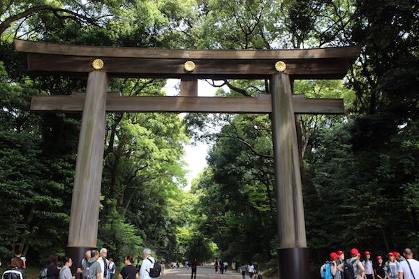 L'entrata del Meiji Shrine a Tokyo: il torii di legno