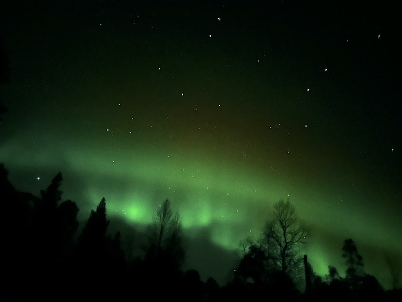 Il verde luminoso dell'aurora boreale ad Inari, Lapponia